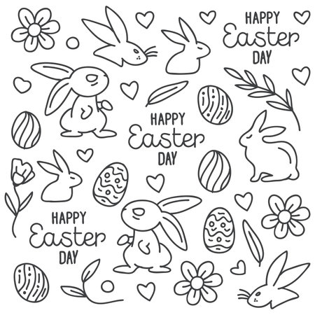 Hand-drawn doodle Easter Day with line eggs, bunny,leaves, heart, rabbit on white background. Vector illustration. Design for coloring book, greeting card, print.のイラスト素材