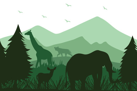 Green wild landscape with animals background illustrationのイラスト素材