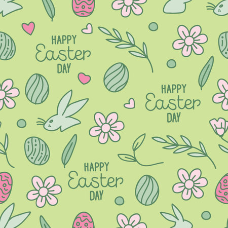 Seamless colorful hand-drawn pattern of rabbits, bunny, eggs, hearts, flowers, and leaves on a white background. Vector illustrations. Design for coloring book, greeting card, print.のイラスト素材