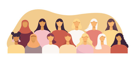 Group of women of different nationalities and cultures, skin colors and hairstyles. Society or population, social diversity. Vector illustration in flat designのイラスト素材