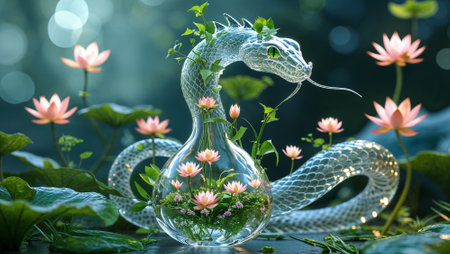 Dragon snake 3d glass with internal floral ecosystem and glowing textures background.Generated with AIの素材