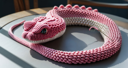 Realistic handmade cute crochet humpback snake with intricate pink thread detailsの素材