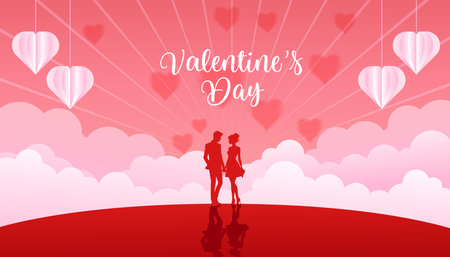 Valentine's Day background with paper cut style featuring a couple and soft clouds.のイラスト素材