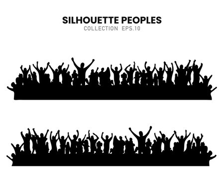 A dynamic silhouette of a cheering crowd at a concert or festival. Perfect for event posters, party flyers, and promotional designs.のイラスト素材