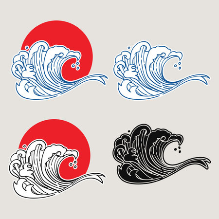 A stylized Japanese wave illustration in various color variations, inspired by traditional ukiyo-e art, featuring dynamic ocean waves and a red sun motif.のイラスト素材