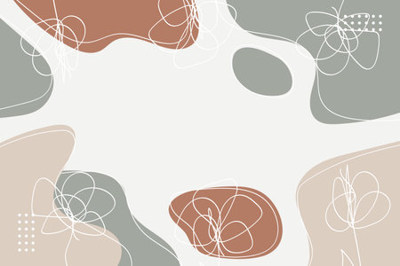 A stylish abstract banner featuring botanical flower line art and organic brown and green stone shapes, perfect for modern design projects.のイラスト素材