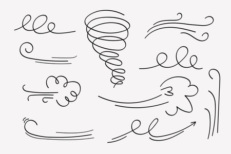 A collection of hand-drawn wind doodles in line art style, featuring various swirling and gusty designs, perfect for adding flow and movement to any creative project.のイラスト素材