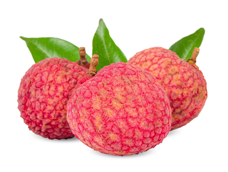 Lychee with leaf isolated on white clipping pathの写真素材