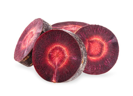 Slice purple carrot isolated on white background. carrot clipping pathの写真素材