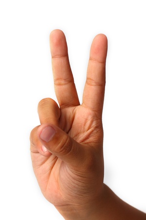 hand sign victory isolated whiteの写真素材