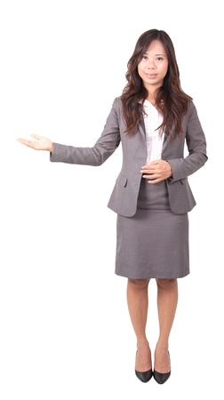 women with uniform sign welcome by handの写真素材