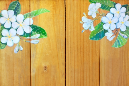 	frangipani plumeria flowers painting on wood texture backgroundの写真素材