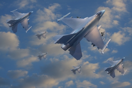 military jet plane flying over cloudsのeditorial素材