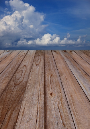  texture of wood terrace perspective to blue sky white cloudsの写真素材