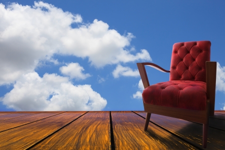 red leather arm chairs on wood terrace の写真素材