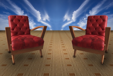 red couples arm chairs on wood terrace and blue skyの写真素材