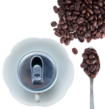 idea of coffee can and coffee cup and coffee bean seed on white の写真素材