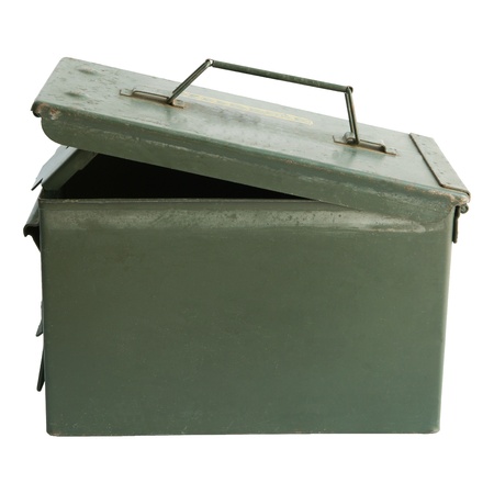 File of military green metal pistal box open cover isolated on white backgrounddの写真素材