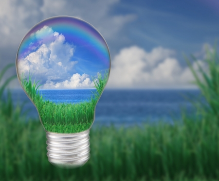 blue water with blue sky white clouds in light bulb seem save nature and good environmentの写真素材