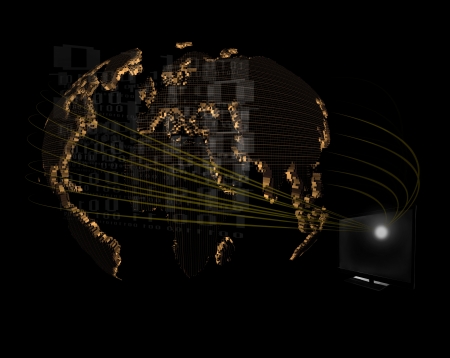 computer monitoring and world network map on blackの写真素材