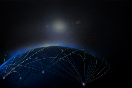 blue planet with air plane lineの写真素材