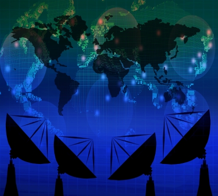 satelite dish and world map on blue color theme use for multipurposeの写真素材