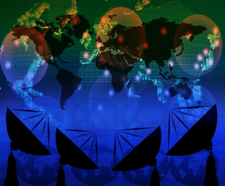 satelite dish and world map on blue color theme use for multipurposeの写真素材
