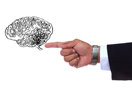 hand pointing to smart brain isoalted white