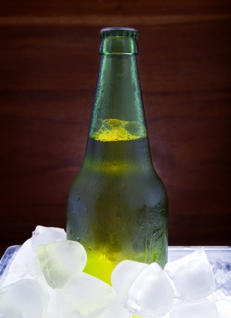 green beer bottle freezing in ice tank for beverage themeの写真素材