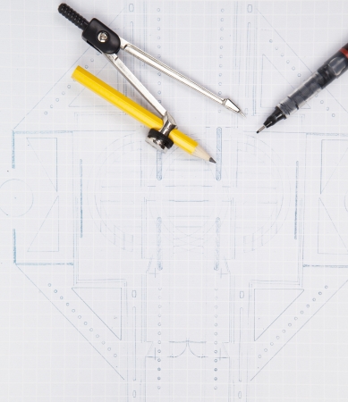 compass and writing pen on architect plan for construction industries themeの写真素材