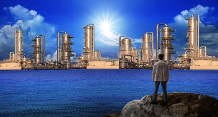 sketching of new building construction on blue sea water  for construction business themeの写真素材