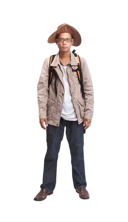 backpacker in acting on white background の写真素材