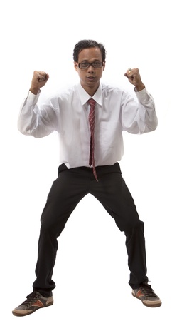 young business man acting for happy emotion isolated whiteの写真素材