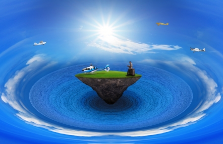 man on green grass land with helicopter and flying plane on blue sky for traveling and transport themeの写真素材