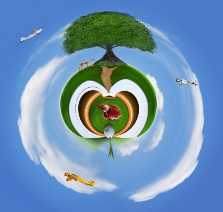 big tree on green field with air plane flying on blue sky for traveling and transport themeの写真素材