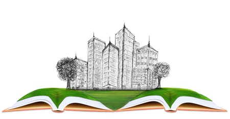 sketching of modern building on green grass field use for architecture and construction business themeの写真素材
