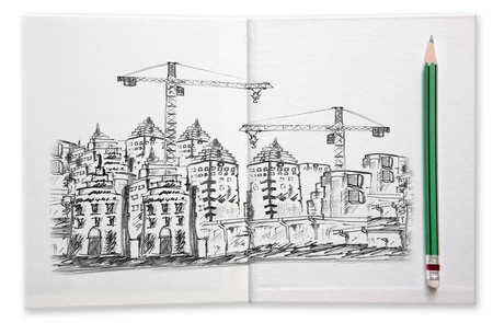 building construction sketching by pencil on white book use for construction businessの写真素材