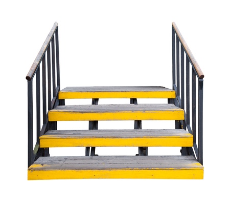 yellow wood ladder isolated white use for multipurposeの写真素材