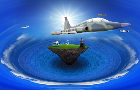 young man standing on floating island with air plane flying above use for multipurposeの写真素材
