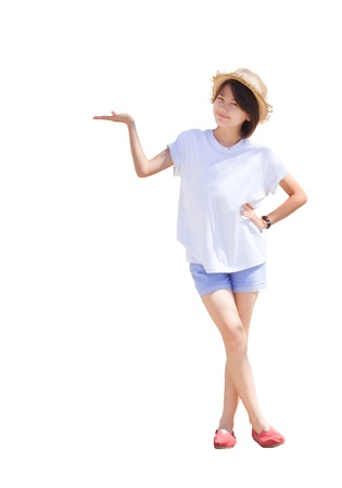 pretty woman acting welcome with nice emotion isolated on white use for people reception greetingの写真素材