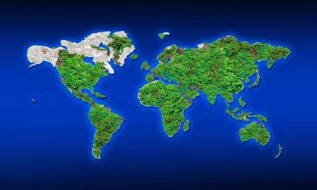 world map by green leaves and rock texture の写真素材