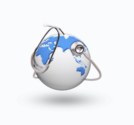 world globe and stethoscope use for healthy care topicの写真素材