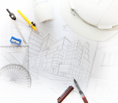 working table of architect with related equipment for multipurposeの写真素材