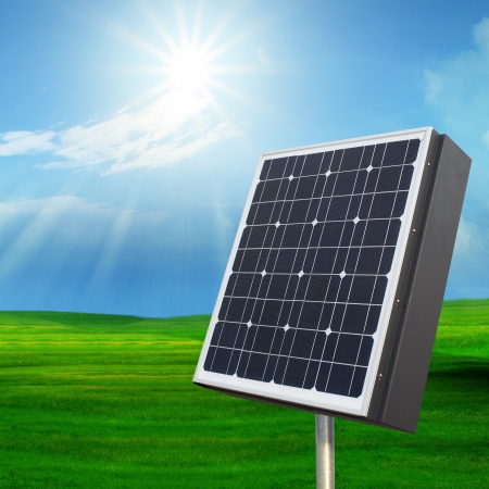 solarcell out door with with sun shining on blue sky for multipurposeの写真素材