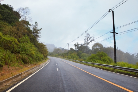 asphalt road on mountain with natural fog and forestの写真素材