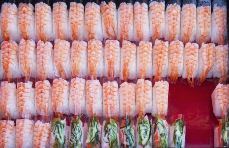 arrangement of shrimp sea food sushi ready for sellの写真素材