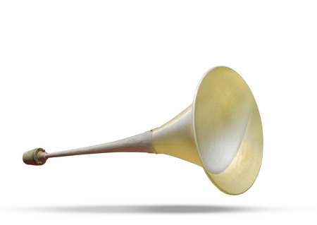 brass metal announcement horn on white background with soft shadow use as multipurpose alarm hooter horn vintage and retro styleの写真素材