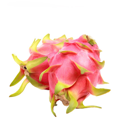 two of vibrant dragon fruit isolated white backgroundの写真素材
