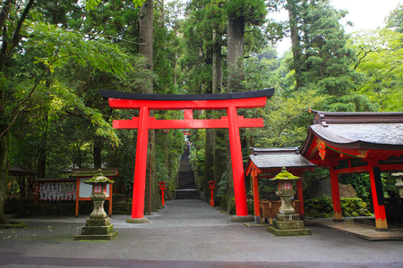 hakone shrine (temple)  Japanese Shinto shrine entrance beside ashi lake tokyo japan important tourist destiantion to visitのeditorial素材