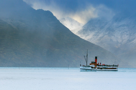 old tradition boat floating in wakatipu lake queen town south island new zealand important traveling landmark to visitingの写真素材
